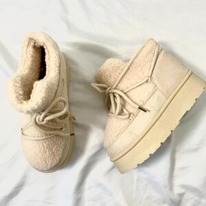 Chunky Lace Up Faux Suede & Shearling Cream Nude Platform Boots US 6 - 6.5